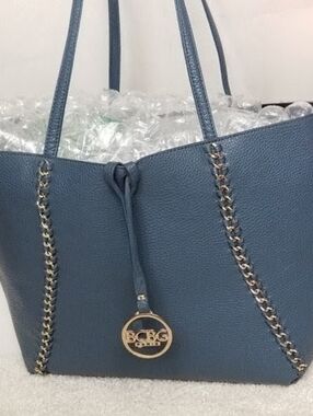 BCBG Slate Blue Chain-Trim Tote